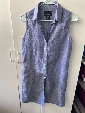 Tahari Linen Button-Front Sleeveless dress in Chambray Blue